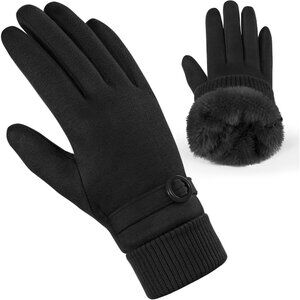 Women's Black Winter Cold Weather Windproof Thermal Fleece Cuff Lined Gloves
